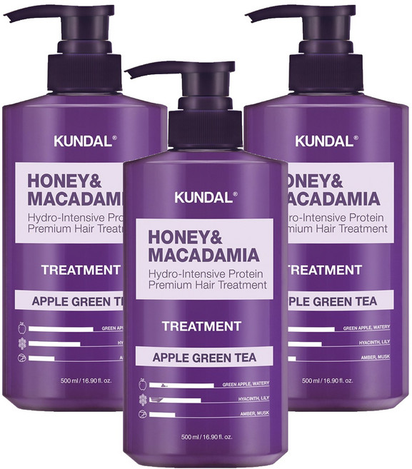 쿤달 허니 앤 마카다미아 헤어 트리트먼트 애플그린티향, 500ml, 3개