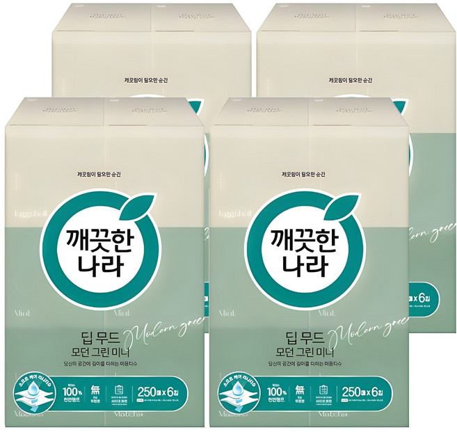 깨끗한나라 딥 무드 모던 그린 천연펄프 미니 미용티슈 2겹, 250매, 24개
