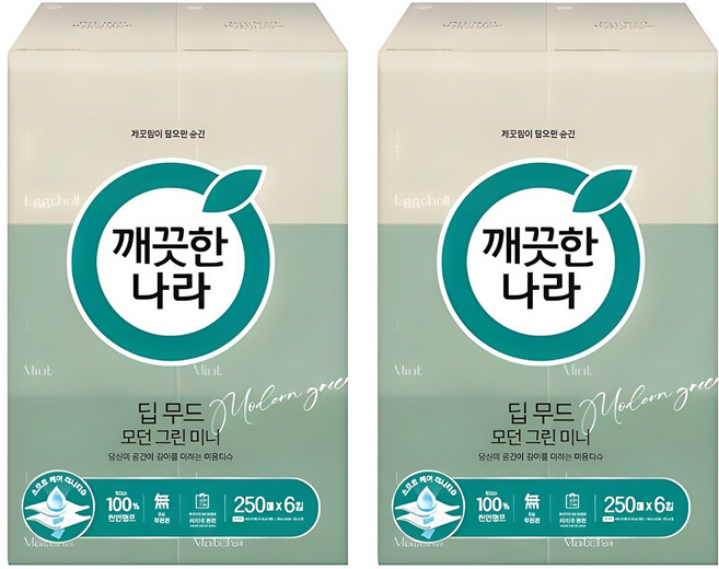 깨끗한나라 딥 무드 모던 그린 천연펄프 미니 미용티슈 2겹, 250매, 12개