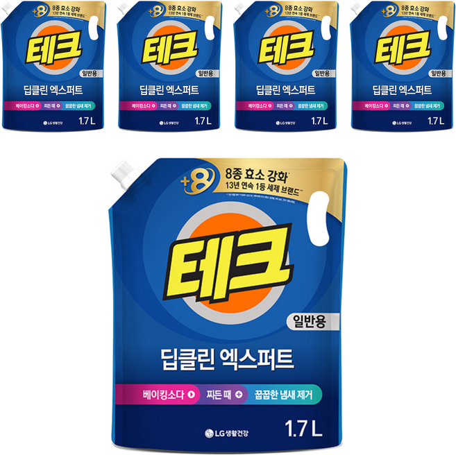 테크 딥클린 실내건조 액체세제 일반 리필, 1.7L, 5개