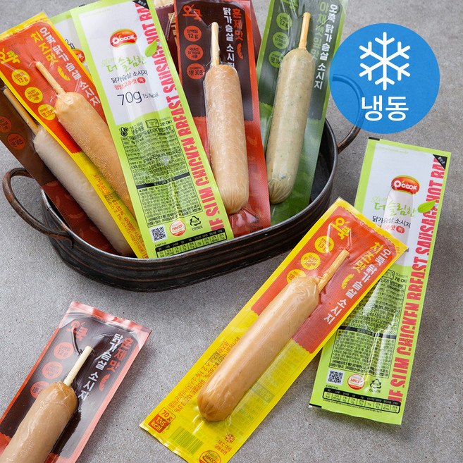 오쿡 닭가슴살소세지 핫바 오리지날 70g x 3팩 + 청양고추 70g x 3팩 + 불갈비 70g x 3팩 + 치즈 70g x 3팩 + 야채깻잎 70g x 3팩 + 훈제 70g x 3팩 세트 (냉동), 1.26kg, 1세트