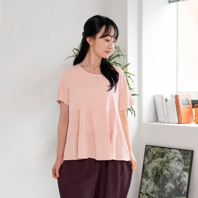 Anna&Co 女款人造絲短袖荷葉邊罩衫