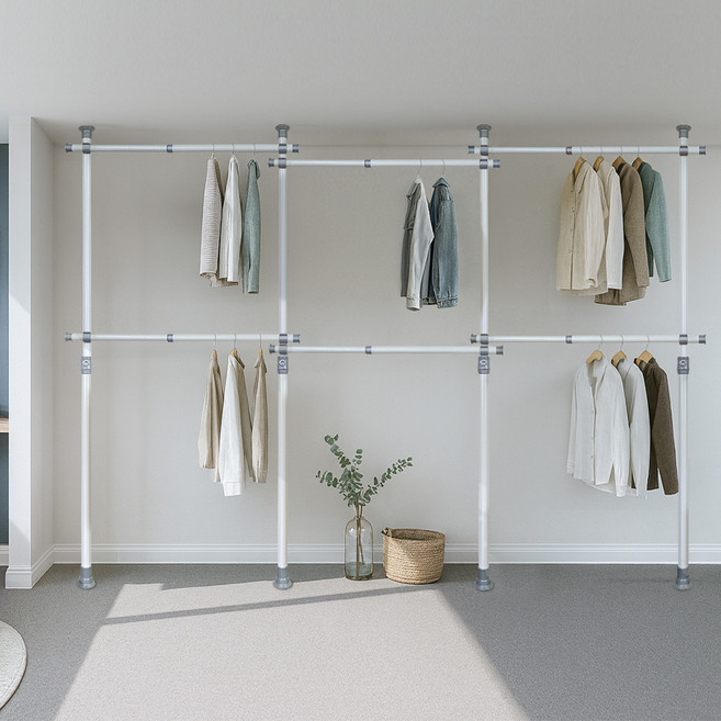 가화홈시스 38mm 굵은기둥 와이드가로봉 6단 행거, 아이보리 + 그레이