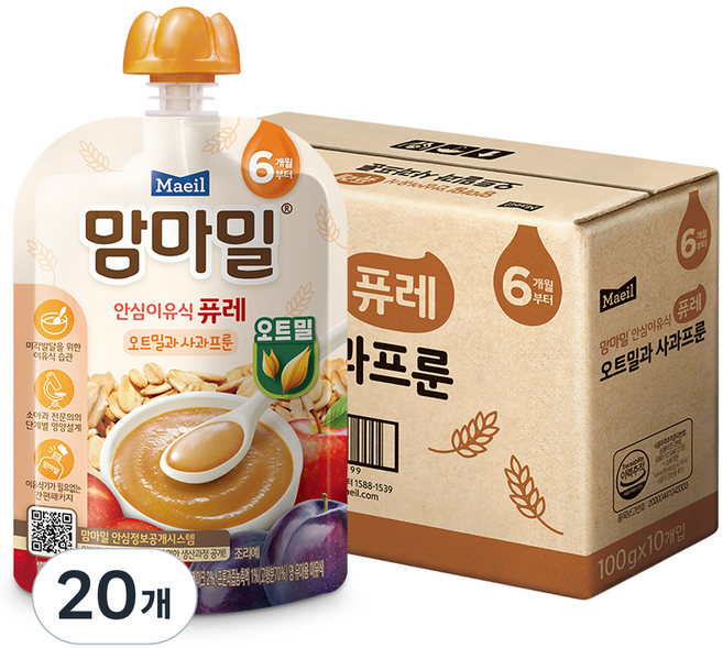 맘마밀 유아용 안심이유식 퓨레 오트밀과 사과프룬, 100g, 20개, 혼합맛(사과/프룬/오트밀)