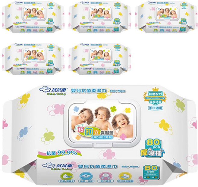 OMA&Baby 拭拭樂 嬰兒抗菌柔濕巾 巧扣立蓋 幸運草版, 80張, 6包, 55g