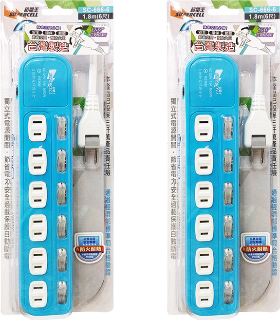 SUPERCELL 超電王 6開6插家用延長線 2孔 SC-666-6, 1.8m, 顏色隨機, 2條