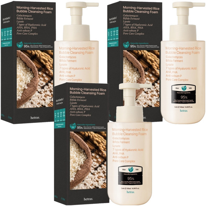 hetras. 晨間新米弱酸性大容量泡沫潔面乳, 3個, 500ml
