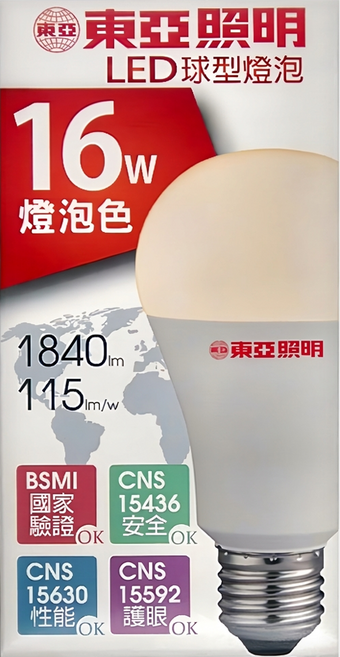 TOA 東亞照明 LED球型燈泡 LLA018EV-16AAL 16W 125 x 65mm 54g, 黃光, 1個