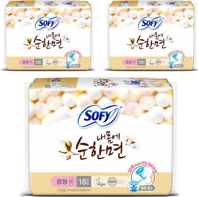 쏘피 내몸에순한면 생리대 날개형, 중형, 18개입, 3개