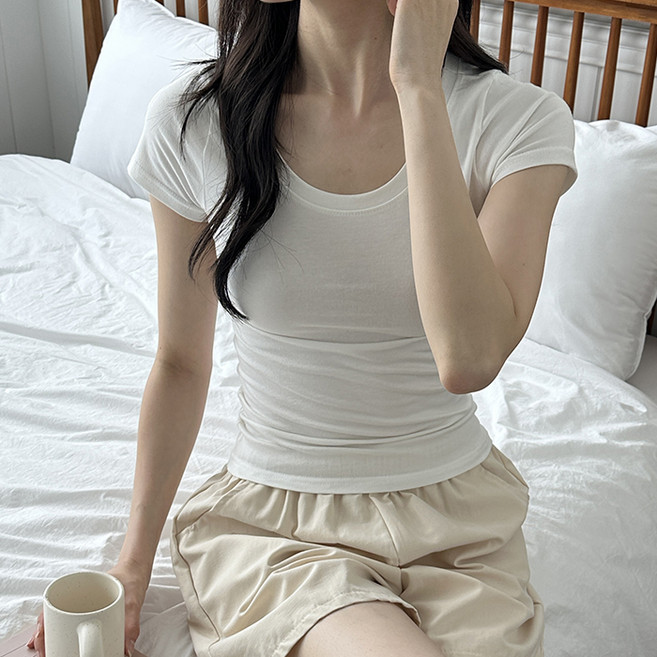 라라온 여성용 국내제작 U넥 스판 슬림핏 무지 반팔 티셔츠 TSP1900