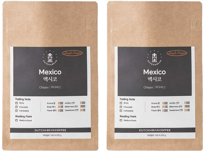 더치앤빈 싱글 오리진 멕시코 치아파스 로스팅 원두, 프렌치프레스(굵음), 200g, 2개