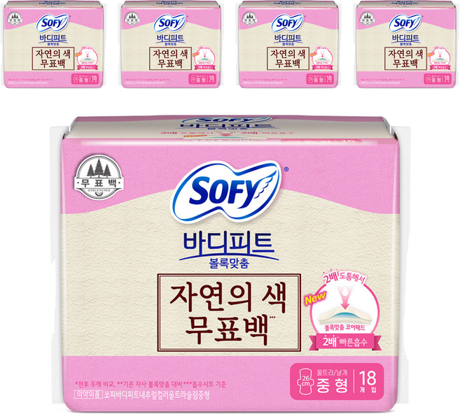 쏘피 바디피트 볼록맞춤 생리대 날개형, 중형, 18개입, 5개