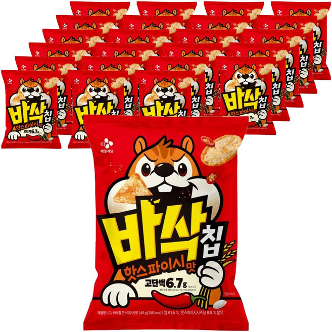 CJ 바삭칩 핫스파이시맛 고단백 쌀과자, 45g, 24개