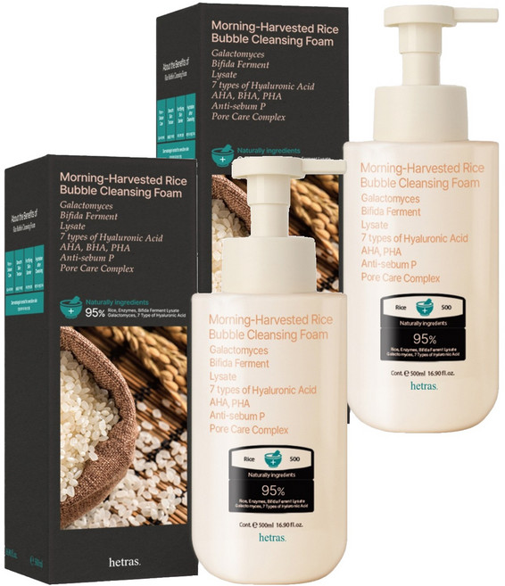 hetras. 晨間新米弱酸性大容量泡沫潔面乳, 2個, 500ml