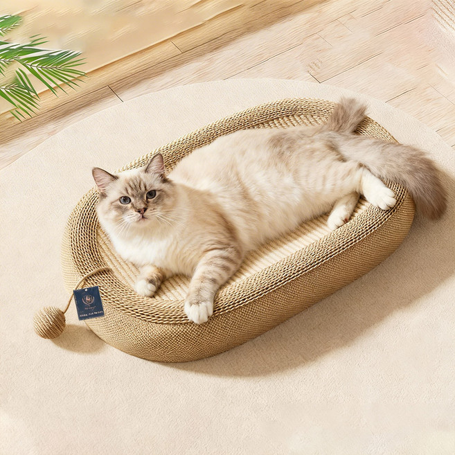 딩동펫 고양이 사이잘 눕눕 스크래쳐 캣닢 침대 타원형, 아이보리, 1개