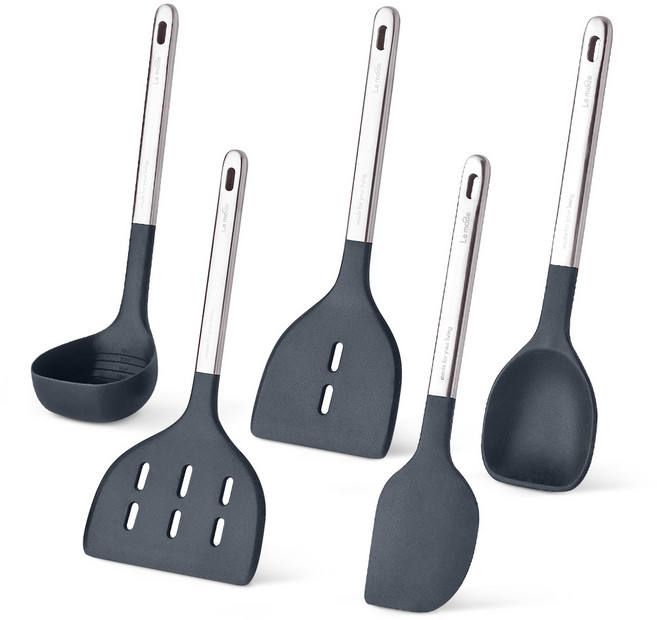 르메이드 에센셜 스텐 304 실리콘 조리도구 5종 세트, 국자 + 뒤집개 + 와이드 뒤집개 + 스파츌라 + 요리스푼, 딥 차콜, 1세트
