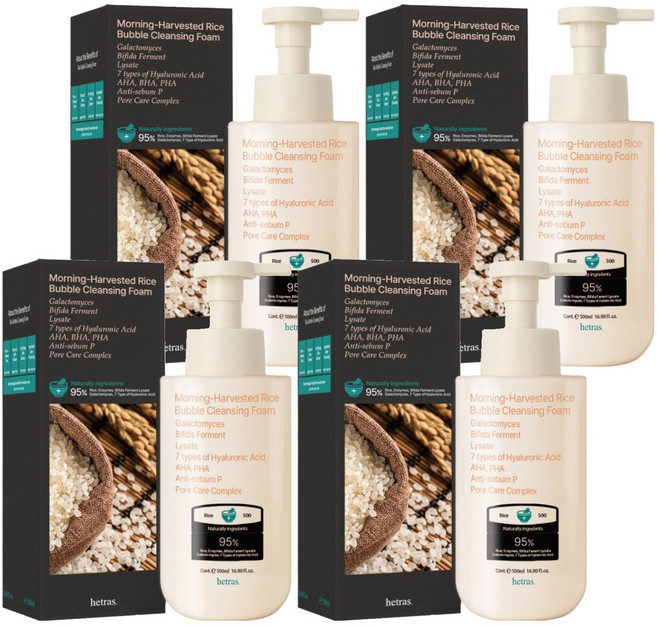 hetras. 晨間新米弱酸性大容量泡沫潔面乳, 4個, 500ml