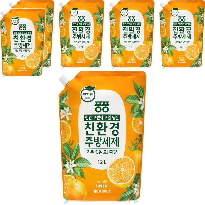 퐁퐁 오렌지 오일 담은 친환경 주방세제 기분 좋은 오렌지향 리필, 1.2L, 6개