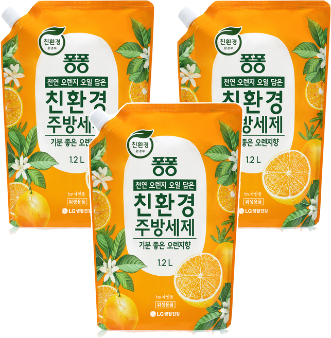 퐁퐁 오렌지 오일 담은 친환경 주방세제 기분 좋은 오렌지향 리필, 1.2L, 3개