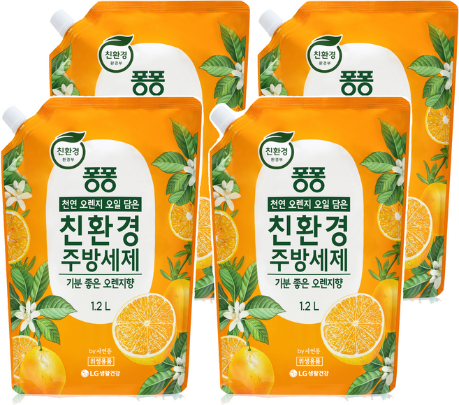 퐁퐁 친환경 주방세제 오렌지 리필, 1.2L, 4개