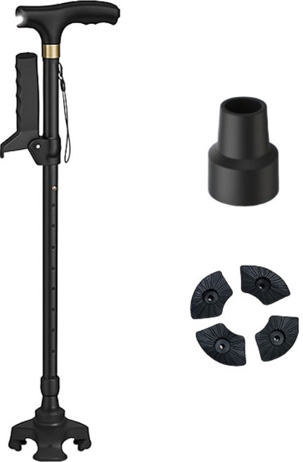 편리홈 초경량 네발 팔걸이 손전등 접이식 길이조절용 지팡이, 블랙, 1개