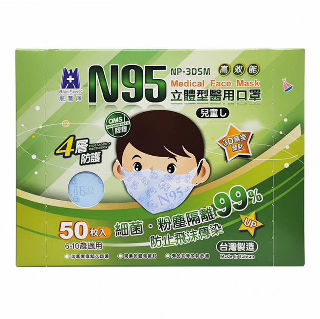 blue eagle 藍鷹牌 n95立體型兒童醫用口罩 6~10歲適用, 藍色, 50片, 1盒