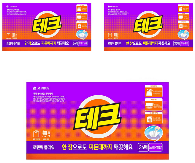 테크 간편 시트세제 일반드럼 겸용 로맨틱 플라워향, 36매, 3개