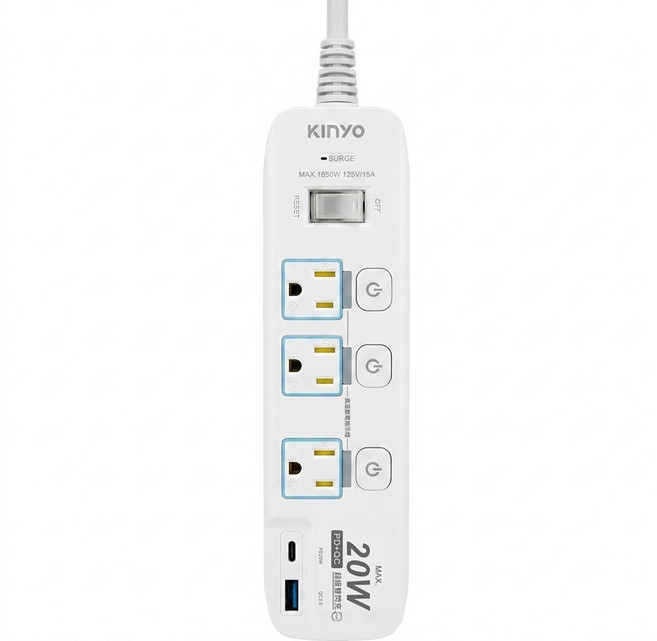 Kinyo 4開3插 PD + QC高溫斷電延長線 3孔 GIPD-3436, 1.8m, 白色, 1個