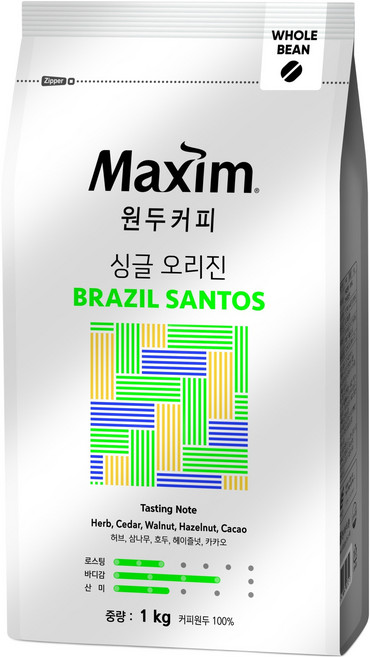 맥심 싱글 오리진 브라질 산토스 원두커피, 홀빈(분쇄안함), 1kg, 1개