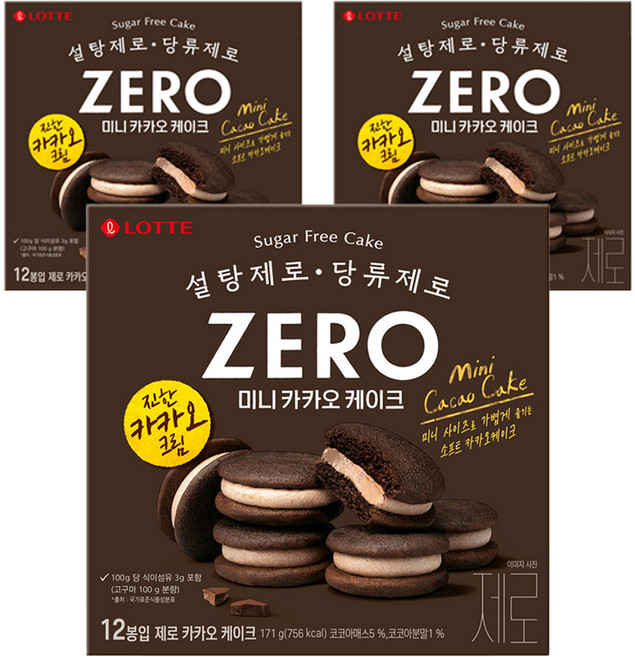 롯데제로 카카오 케이크, 171g, 3개