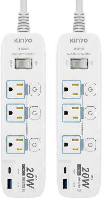 Kinyo 4開3插 PD + QC高溫斷電延長線 3孔 GIPD-3436, 1.8m, 白色, 2個
