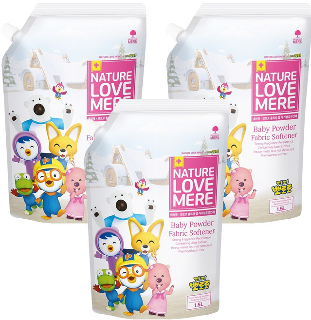 네이쳐러브메레 뽀로로 울트라 젤 아기 섬유유연제 베이비파우더향 리필, 1.5L, 3개