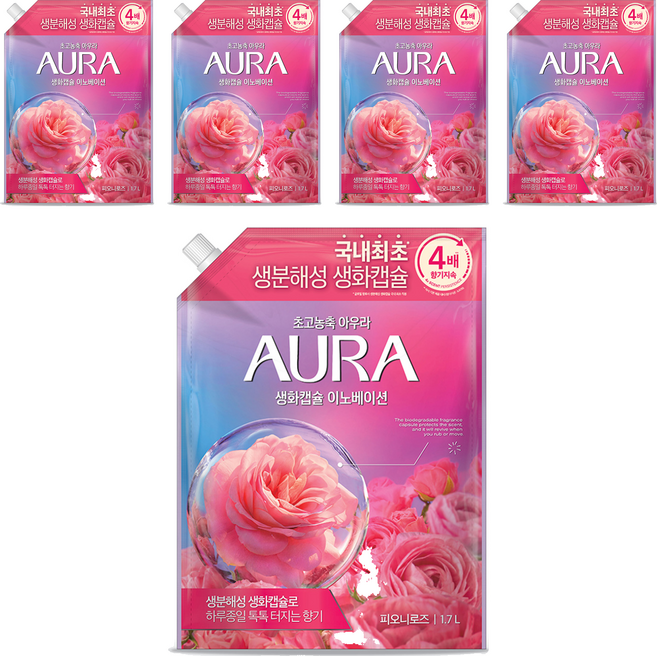 아우라 섬유유연제 피오니로즈향 리필, 1.7L, 1개입, 5개
