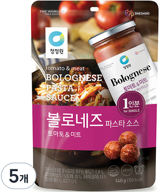 청정원 싱글 파우치 볼로네즈 토마토 파스타소스, 5개, 140g