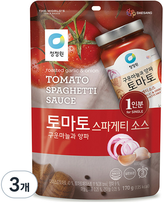 청정원 토마토 스파게티 소스 구운마늘과 양파, 170g, 3개