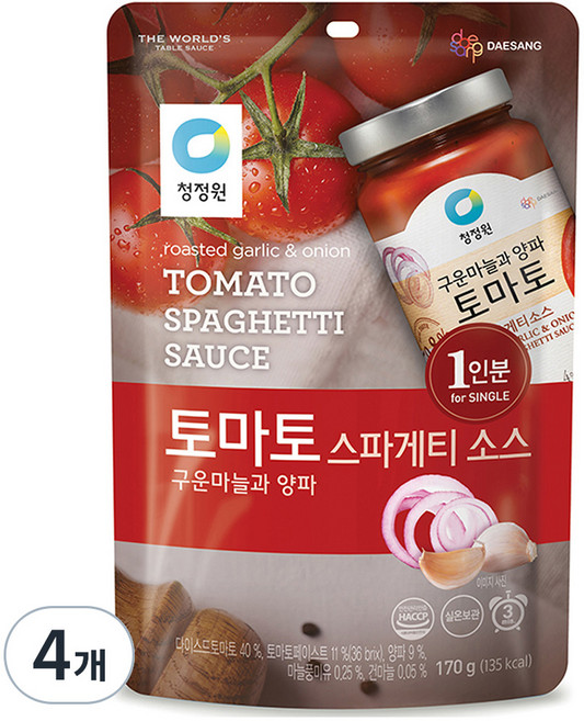 청정원 토마토 스파게티소스 싱글파우치, 170g, 4개