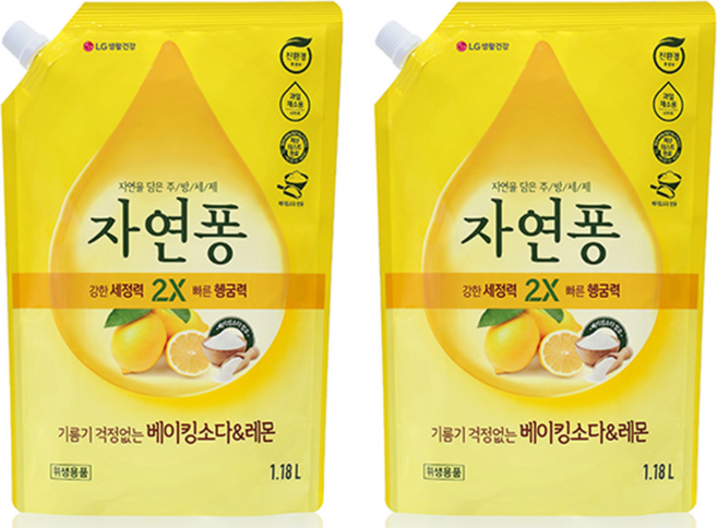 자연퐁 기름기 걱정없는 베이킹소다&레몬 주방세제, 1.18L, 2개
