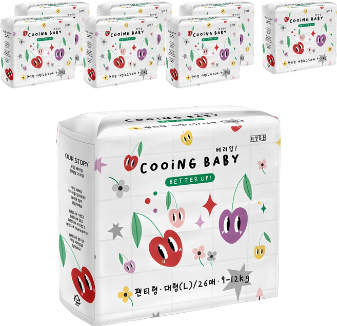 Cooing 베러업 팬티 기저귀, 대형(L), 208매