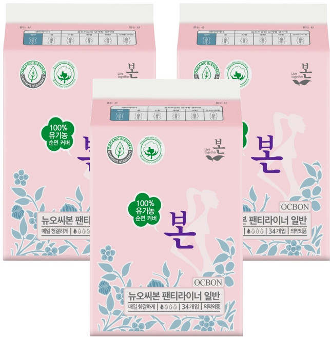 유기농본 유기농 제이본 팬티라이너, 일반, 34개입, 3개