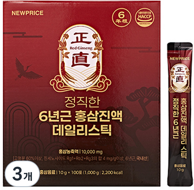 뉴프라이스 정직한 6년근 홍삼진액 데일리스틱, 100회분, 3개