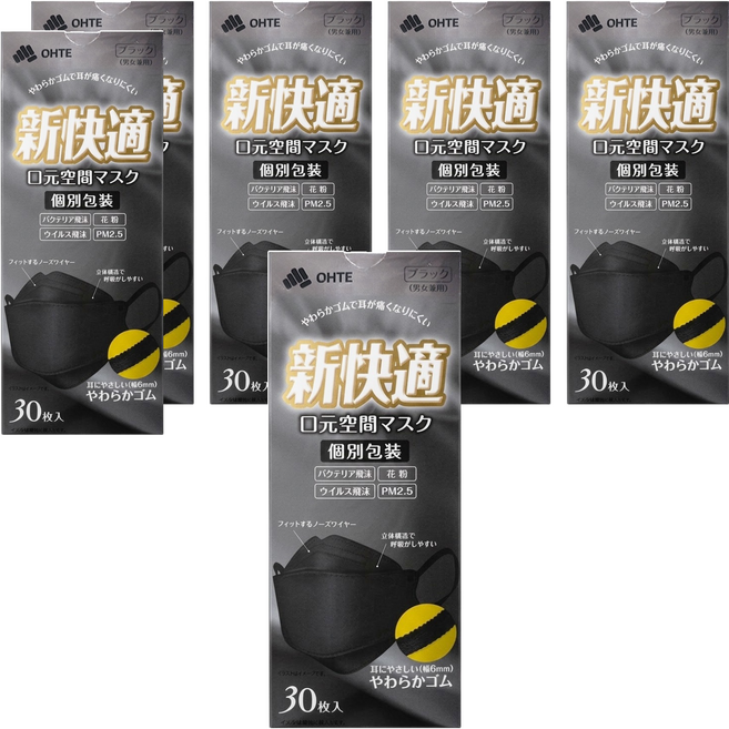 OHTE 新快適 魚型口罩 成人用, 黑色, 30片, 6盒