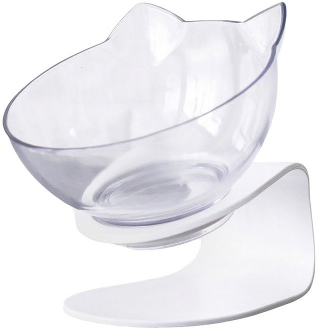 貓頭斜口護頸貓糧碗 13 x 14 x 12 x 7cm 碗直徑13cm, 碗透明 碗架白色, 1個