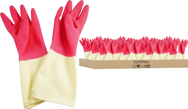 SuNiHao 家庭用乳膠手套, 8號, 紅色 + 米色, 12雙