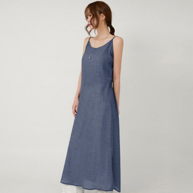 Cotton Closet 女款可調式肩帶V領馬甲式細肩帶背心長版連身裙, 藍色