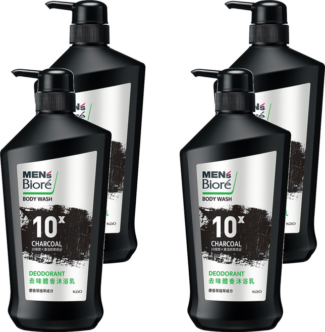MEN's Biore 10倍炭男性專用去味體香沐浴乳 竹炭控油深層清潔 長時間清爽 麝香植萃沉穩木質香 專為油性肌膚設計, 750g, 4瓶
