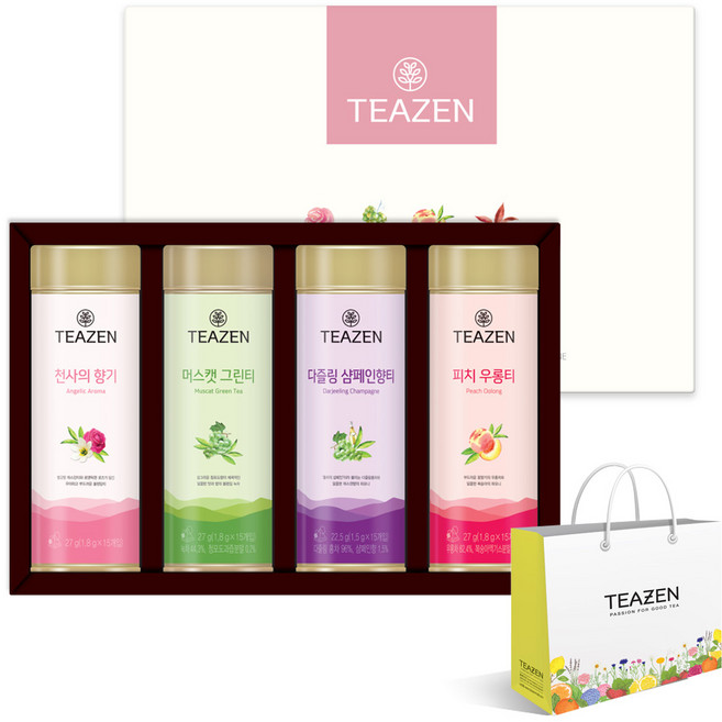 티젠 프리미엄 블렌딩티 4종 세트, 천사의향기 1.8g x 15p + 머스캣그린티 1.8g x 15p + 피치우롱티 1.8g x 15p + 다즐링샴페인향티 1.5g x 15p, 1세트