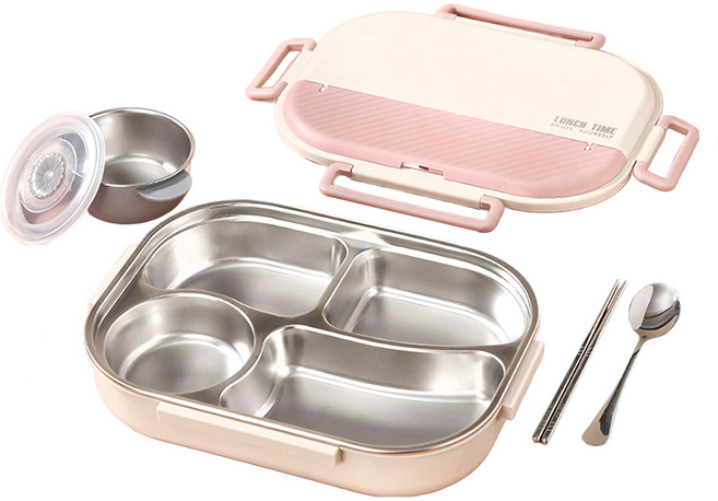 Homely Zakka 可微波超大容量不鏽鋼分隔保溫便當盒 4格 附餐具/湯碗, 1個, 北歐粉