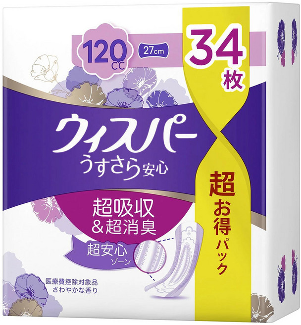 whisper 好自在 日本原裝進口 消臭超吸收成人護墊 成人尿布120cc, 27cm, 34片, 1包