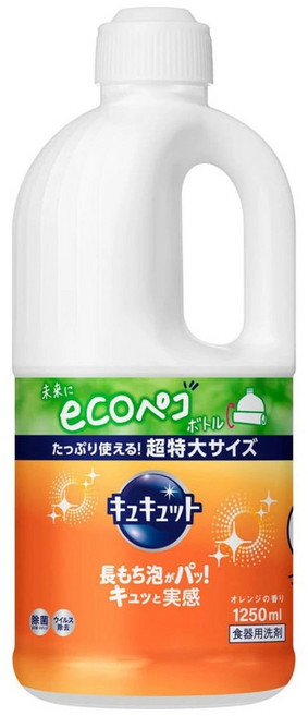 Kao 花王 Cucute 珂珂透 餐具洗碗精補充瓶 柑橘香, 1.25L, 1瓶