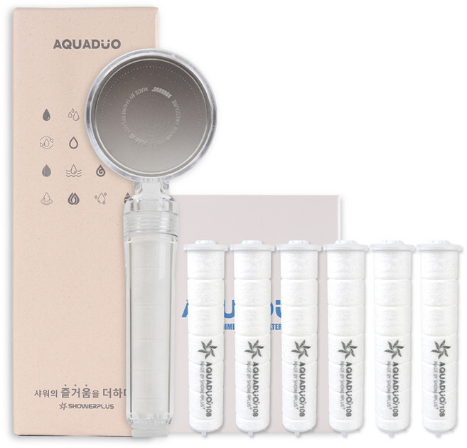 아쿠아듀오 SF-580 필터샤워기 헤드 + 세디먼트 리필 6p 세트, 1개, 클리어